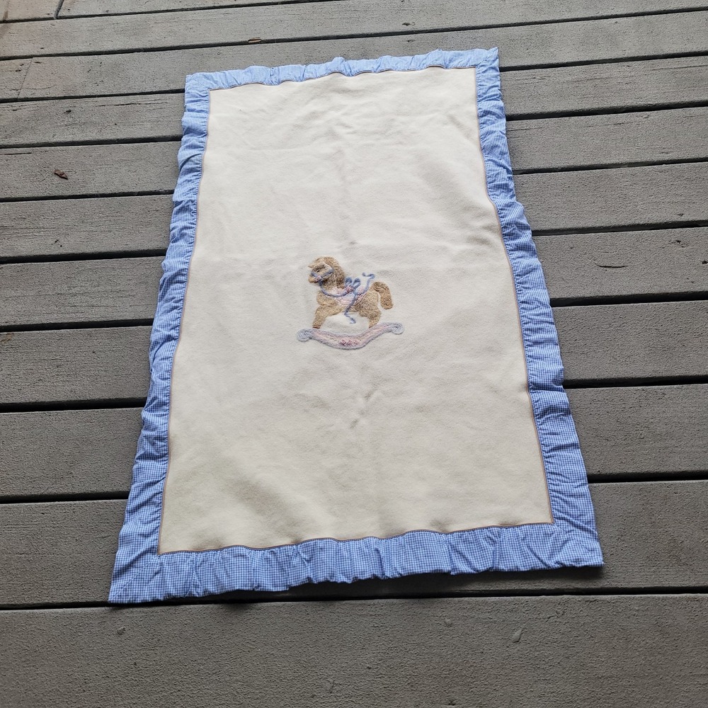 Vintage Baby Blanket Rocking Horse 26x42 Blue White Gingham Border Soft
